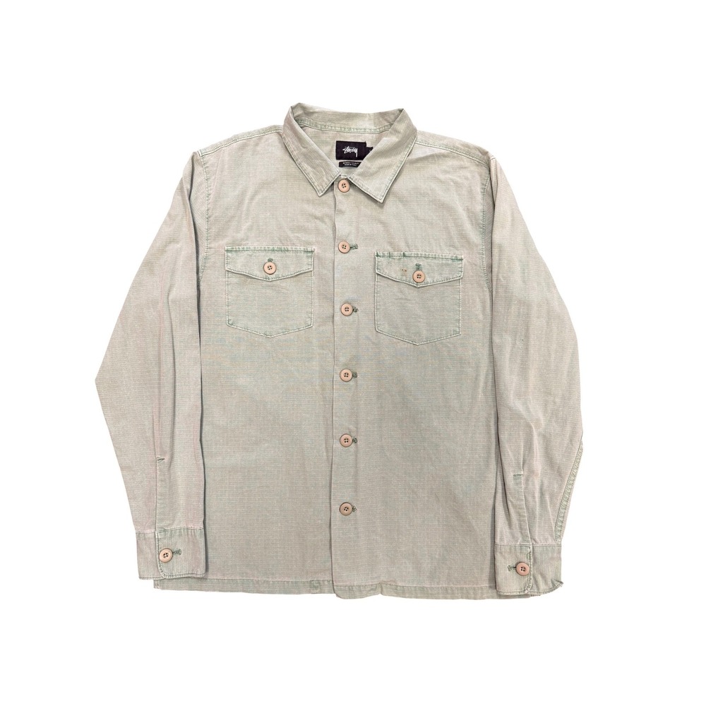 Stussy Ripstop Button Down Shirt Mens L Sage Green Good Long Sleeve Workwear